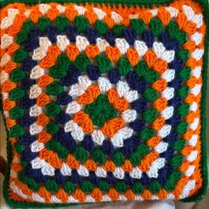 Giant Granny Square Pillow Colorful Crochet Pillow Orange Blue Green White Yarn
